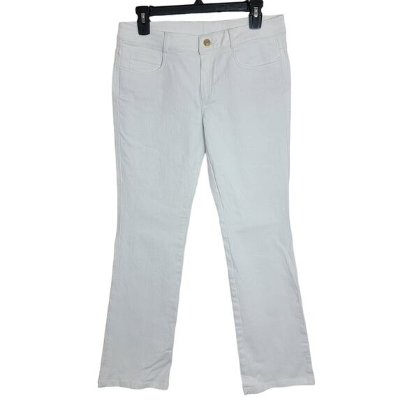 St. John White Rose Rhinestone Pocket Bootcut Jeans Size 6 - Picture 1 of 3